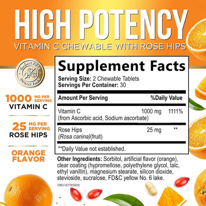 Vitamin C 1000mg per Serving – Extra Strength Chewable with Rose Hips – Sugar Free Orange Flavour – 60 Tablets