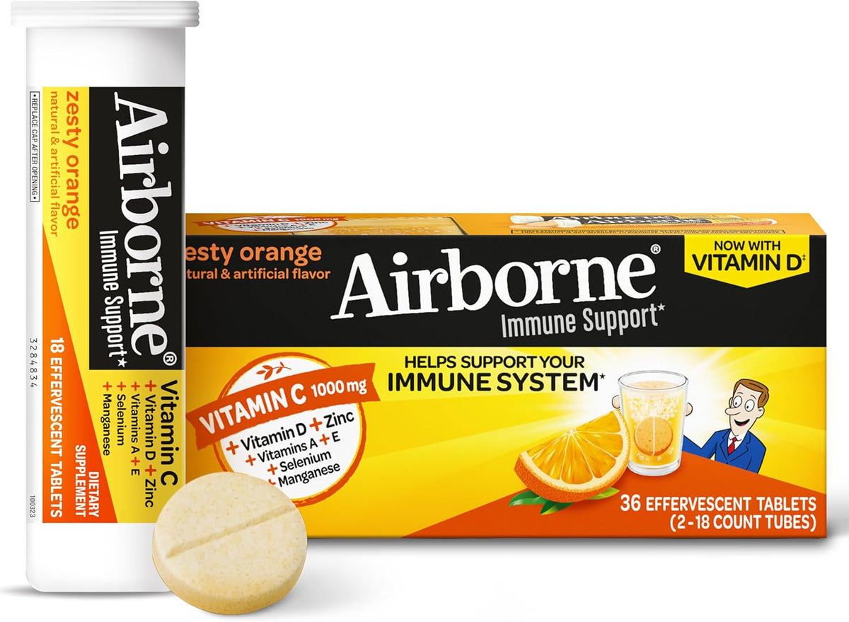 Airborne Vitamin C 1000mg Effervescent Tablets - Zesty Orange Flavour - 36 Tablets - Immune Support with Vitamins A, C, E, Zinc, Selenium, Echinacea & Ginger - Gluten-free - görsel 1