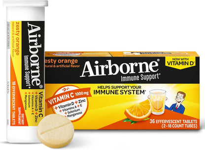 Airborne Vitamin C 1000mg Effervescent Tablets - Zesty Orange Flavour - 36 Tablets - Immune Support with Vitamins A, C, E, Zinc, Selenium, Echinacea & Ginger - Gluten-free