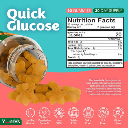 YUM-V'S Glucose Gummies – Rapid-Action Chewable Gummies – Natural Orange Flavour – 60 Count