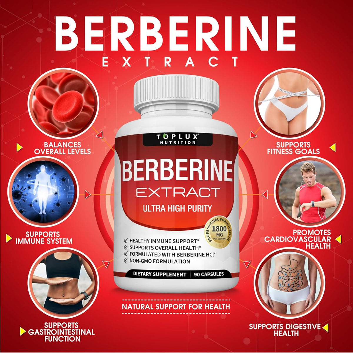 Toplux Berberine Supplement 1800mg - Berberine HCl 97% Purity, High Potency, 90 Capsules - görsel 3