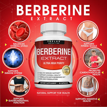 Toplux Berberine Supplement 1800mg - Berberine HCl 97% Purity, High Potency, 90 Capsules