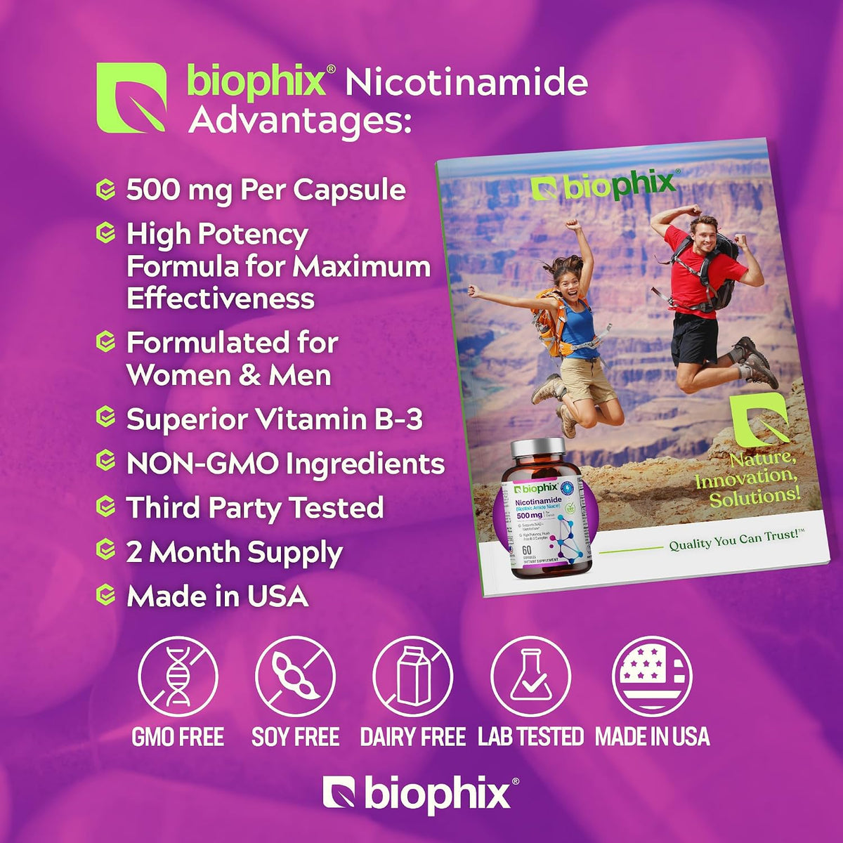 biophix B-3 Nicotinamide 500 mg 60 Caps – Nicotinic Amide Niacin Natural Flush-Free Vitamin Formula – Image 9