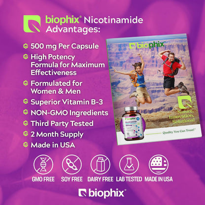 biophix B-3 Nicotinamide 500 mg 60 Caps – Nicotinic Amide Niacin Natural Flush-Free Vitamin Formula – Image 9