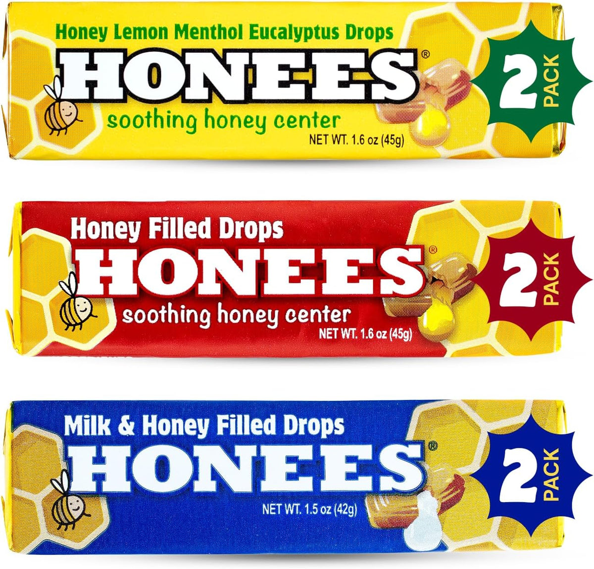 Honees Filled Menthol Cough Drops - Honey, Menthol & Eucalyptus - Natural Sore Throat Relief (6 Pack, 54 Drops) - görsel 8