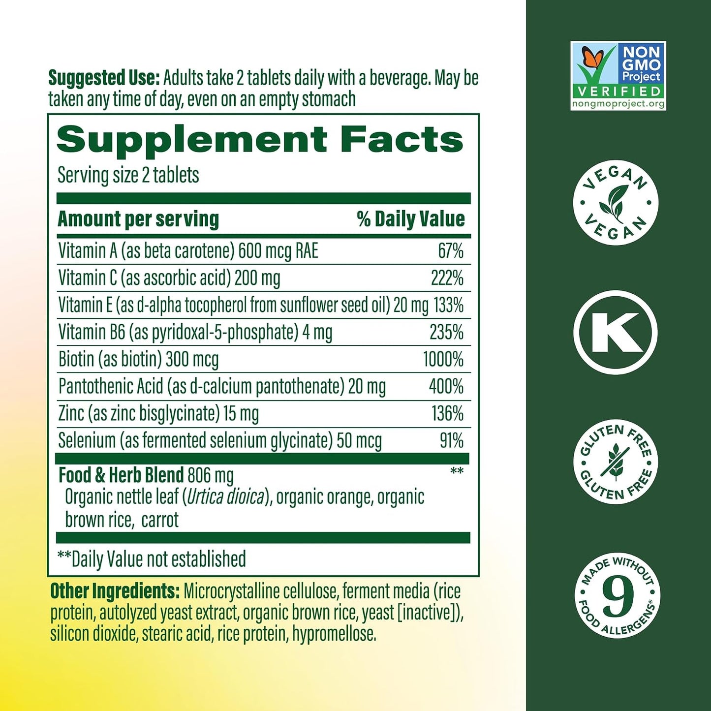 MegaFood Skin, Nails & Hair 2 - Vitamins for Men and Women - Biotin, Vitamin A, Vitamin C, Zinc, Vitamin B6, Vitamin E, Pantothenic Acid - Vegan - Made Without 9 Food Allergens - 90 Tablets (45 Servings) - görsel 2