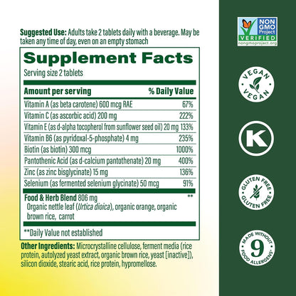 MegaFood Skin, Nails & Hair 2 - Vitamins for Men and Women - Biotin, Vitamin A, Vitamin C, Zinc, Vitamin B6, Vitamin E, Pantothenic Acid - Vegan - Made Without 9 Food Allergens - 90 Tablets (45 Servings)