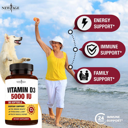NEW AGE Vitamin D3 5000 IU 125mcg Soft gel capsules - Immune Support and Bone Health, Non-GMO, Gluten-free, 1 Year's Supply (360 Soft gel capsules)