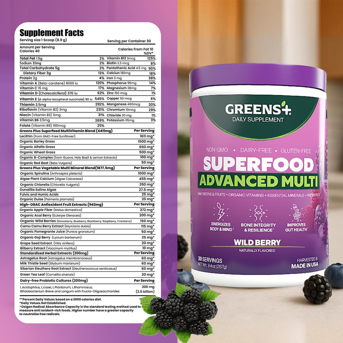 Greens+ Advanced Multi Wild Berry Superfood Powder - görsel 8