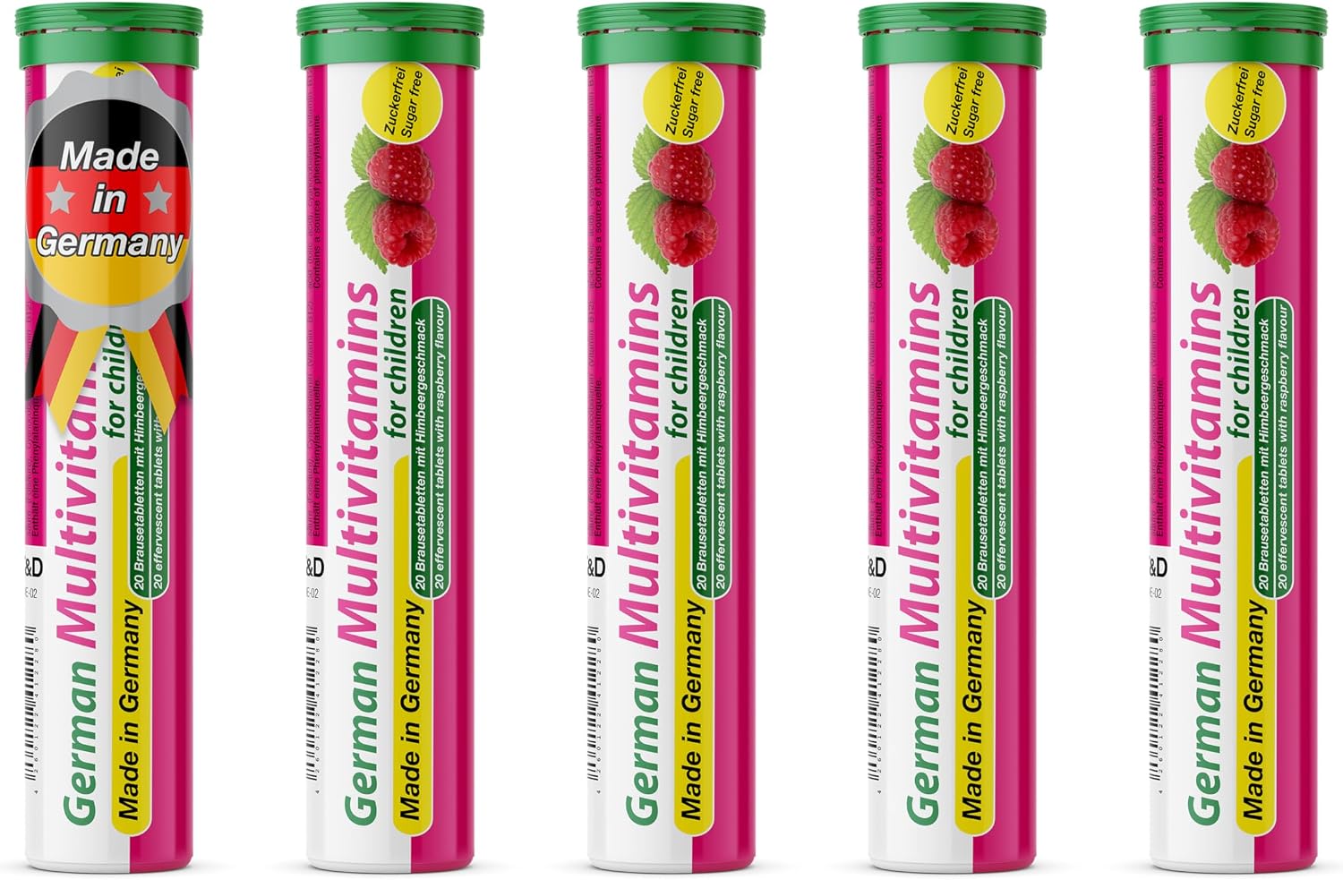 T&D German Multivitamin for Children - 8 Vitamins, Vegan Effervescent Tablets, Raspberry Flavour (100 Count) - görsel 1