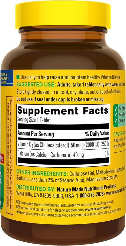 Nature Made Vitamin D3 2000 IU (50 mcg), Vitamin D Supplement for Bone, Muscle and Immune Health Support, 220 Tablets