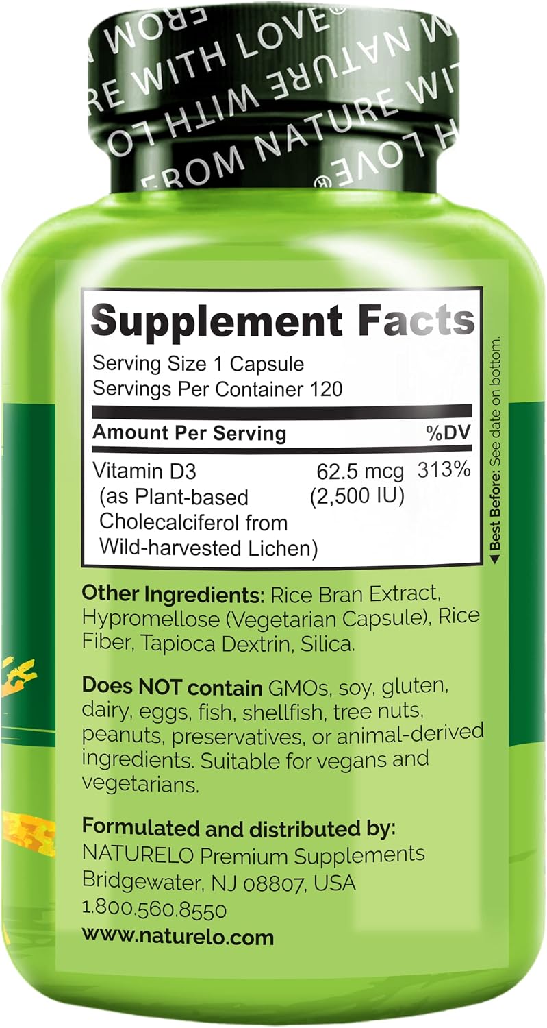 NATURELO Vitamin D3 2500 IU - Plant Based from Lichen - Vegan Supplement for Immune & Bone Health - 120 Capsules - görsel 6