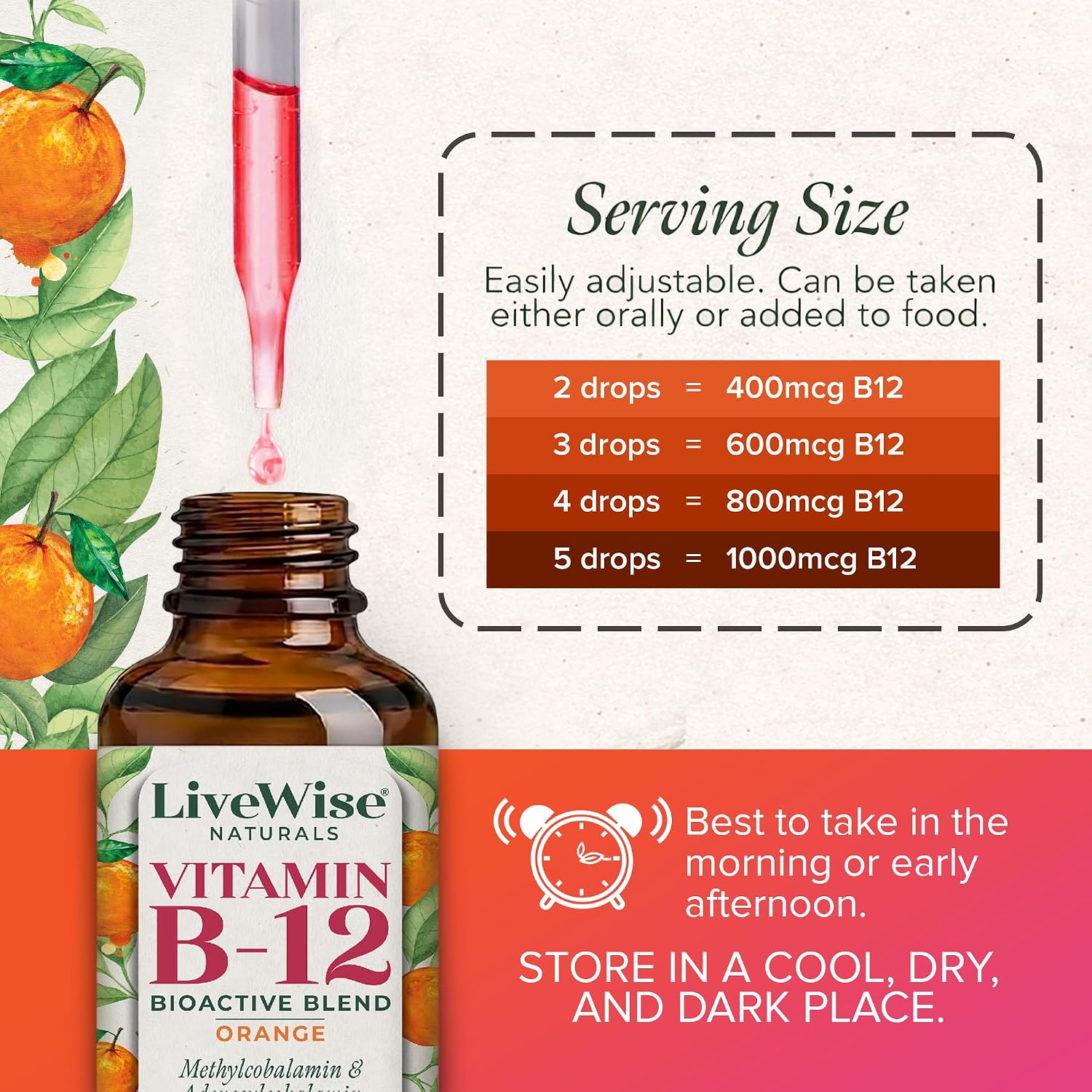Organic Vitamin B12 1000 mcg Sublingual Liquid Drops - Orange, 30 ml (6-Month Supply) - görsel 4