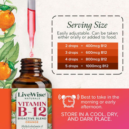 Organic Vitamin B12 1000 mcg Sublingual Liquid Drops - Orange, 30 ml (6-Month Supply)