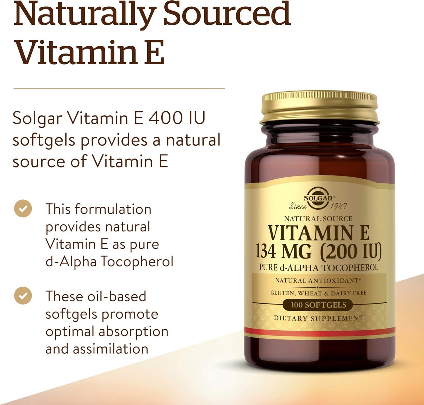 Solgar Vitamin E 200 IU, 100 Softgels - Natural Source Vitamin E - görsel 3