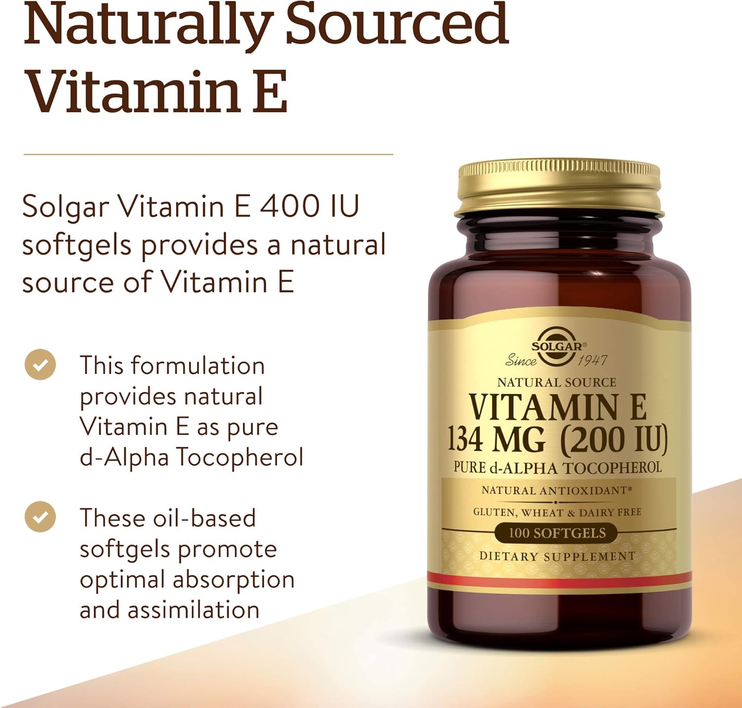Solgar Vitamin E 200 IU, 100 Softgels - Natural Source Vitamin E - görsel 3