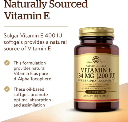 Solgar Vitamin E 200 IU, 100 Softgels - Natural Source Vitamin E
