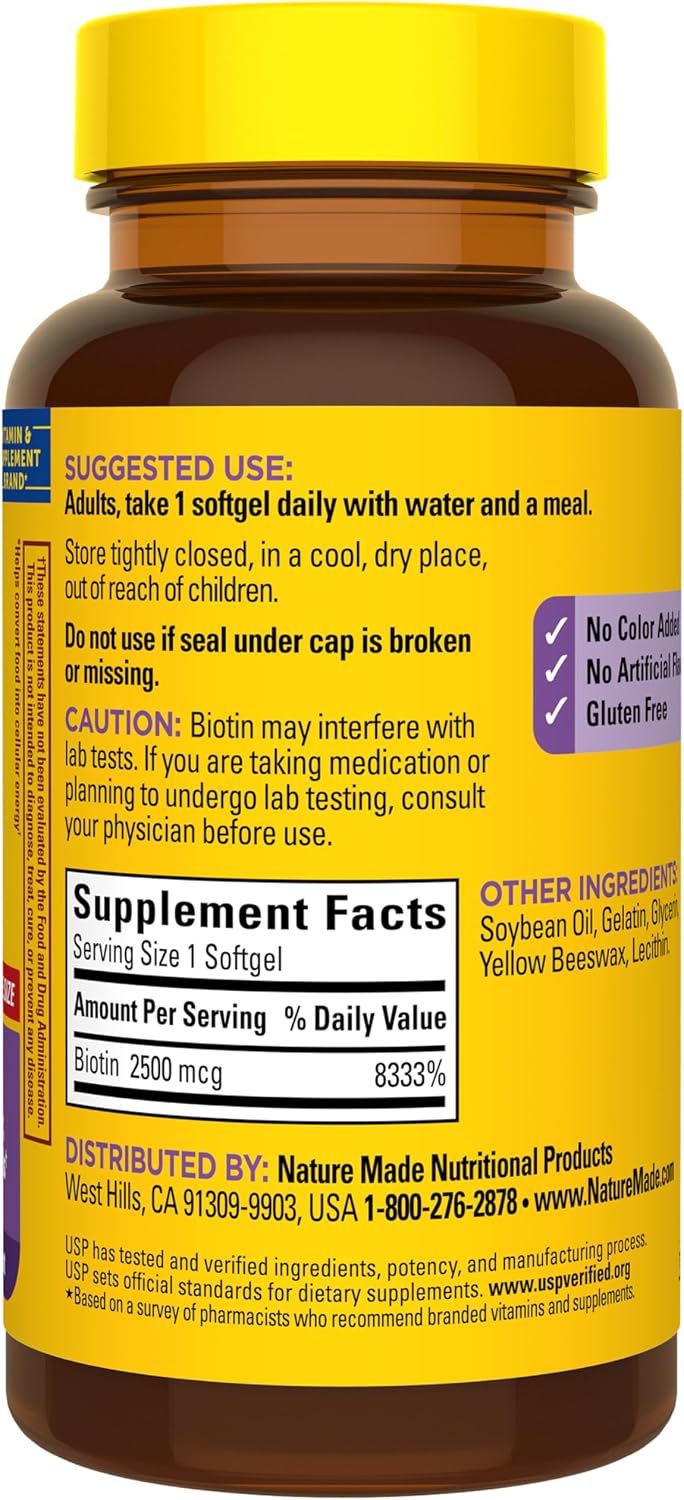 Nature Made Biotin 2500 mcg Extra Strength – Biotin Supplements for Healthy Hair, Skin and Nails (150 Softgels) - görsel 9