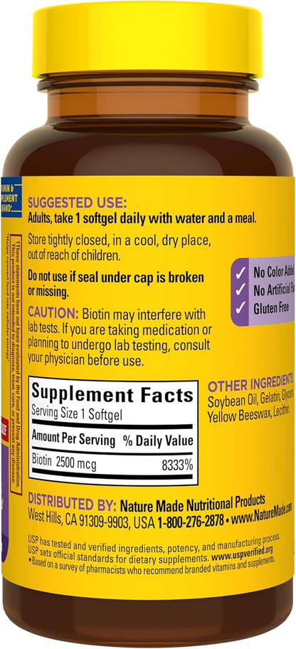 Nature Made Biotin 2500 mcg Extra Strength – Biotin Supplements for Healthy Hair, Skin and Nails (150 Softgels)