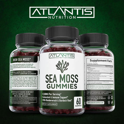 Irish Sea Moss Gummies - 3000mg - Sea Moss, Bladderwrack & Burdock Root - Antioxidant Superfood Supplement, 60 Gummies
