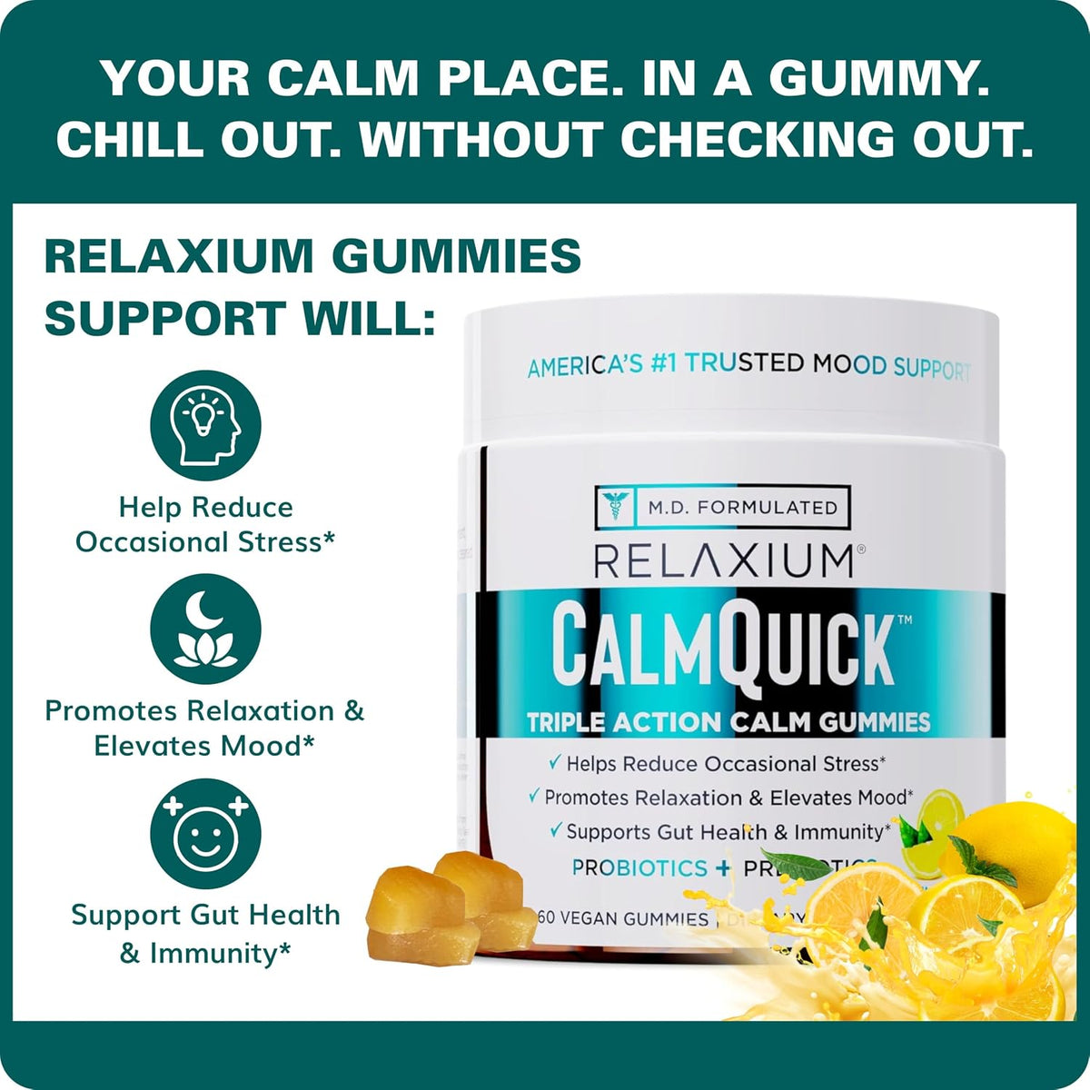 Relaxium Calm Gummies – Calm, Gut Health & Immune Support – Vitamin B6, Magnesium, L-Theanine – Prebiotic & Probiotic Blend – Lemon Flavour, 60 Gummies - görsel 5