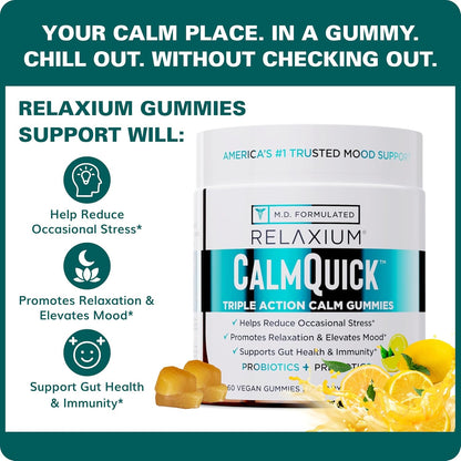Relaxium Calm Gummies – Calm, Gut Health & Immune Support – Vitamin B6, Magnesium, L-Theanine – Prebiotic & Probiotic Blend – Lemon Flavour, 60 Gummies