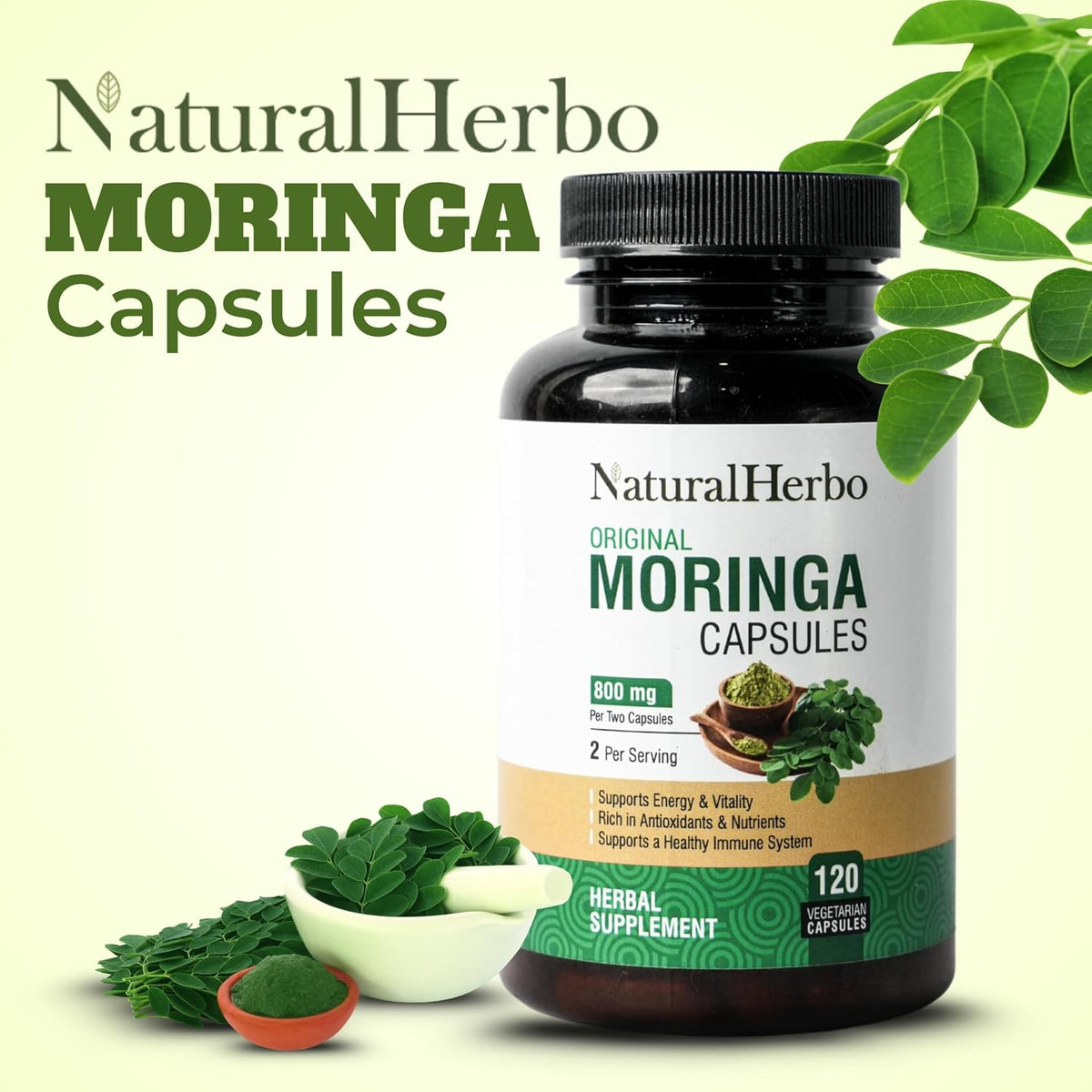 Pure Moringa Capsules - Pure Moringa Leaf Extract for Natural Energy, Digestion & Daily Wellness | Green Superfood Supplement | Vegan, Non-GMO, Gluten-free | 120 Capsules (800mg) - görsel 2