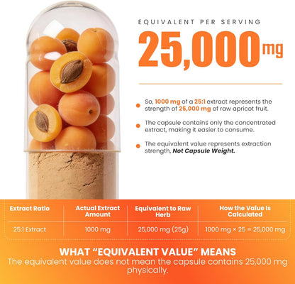 Apricot Extract 25:1, 500 mg per Capsule, 1000 mg per Serving - Immune Support Herbal Supplement (120 Capsules)