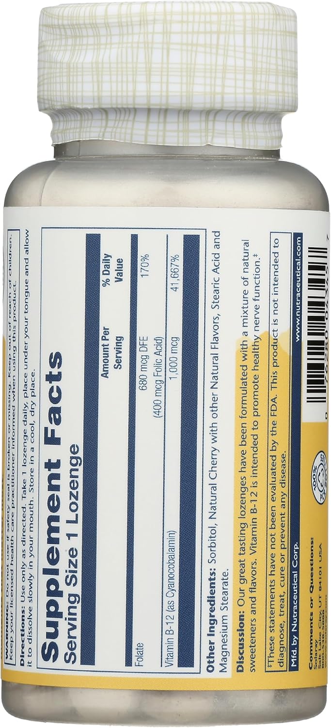 SOLARAY Vitamin B-12 1000mcg Lozenges with Folic Acid - Natural Cherry Flavour - görsel 4