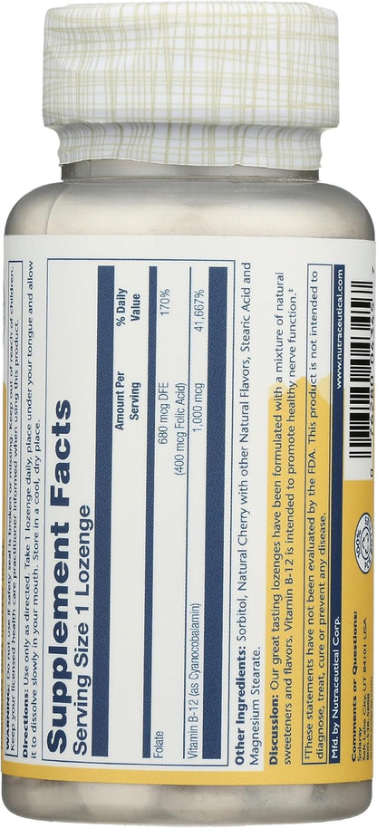 SOLARAY Vitamin B-12 1000mcg Lozenges with Folic Acid - Natural Cherry Flavour