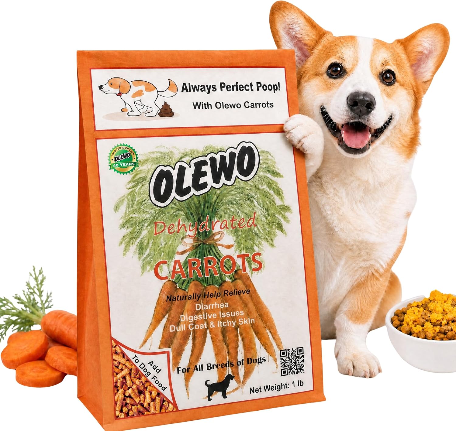 Olewo Original Carrots for Dogs – Fibre for Firm Stools, Dehydrated Dog Food Toppers for Fussy Eaters, Natural Skin & Coat Support, Multivitamin, Probiotics for Digestive & Gut Health, 454 g - görsel 1