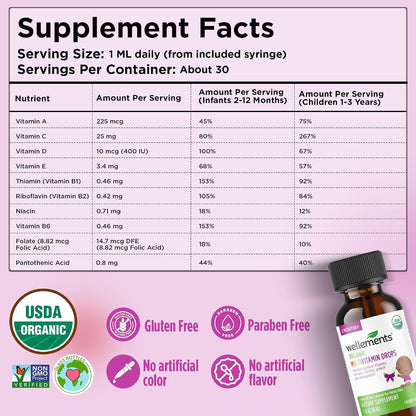Wellements Organic Baby Multivitamin Drops - Cherry Flavour, 30 ml