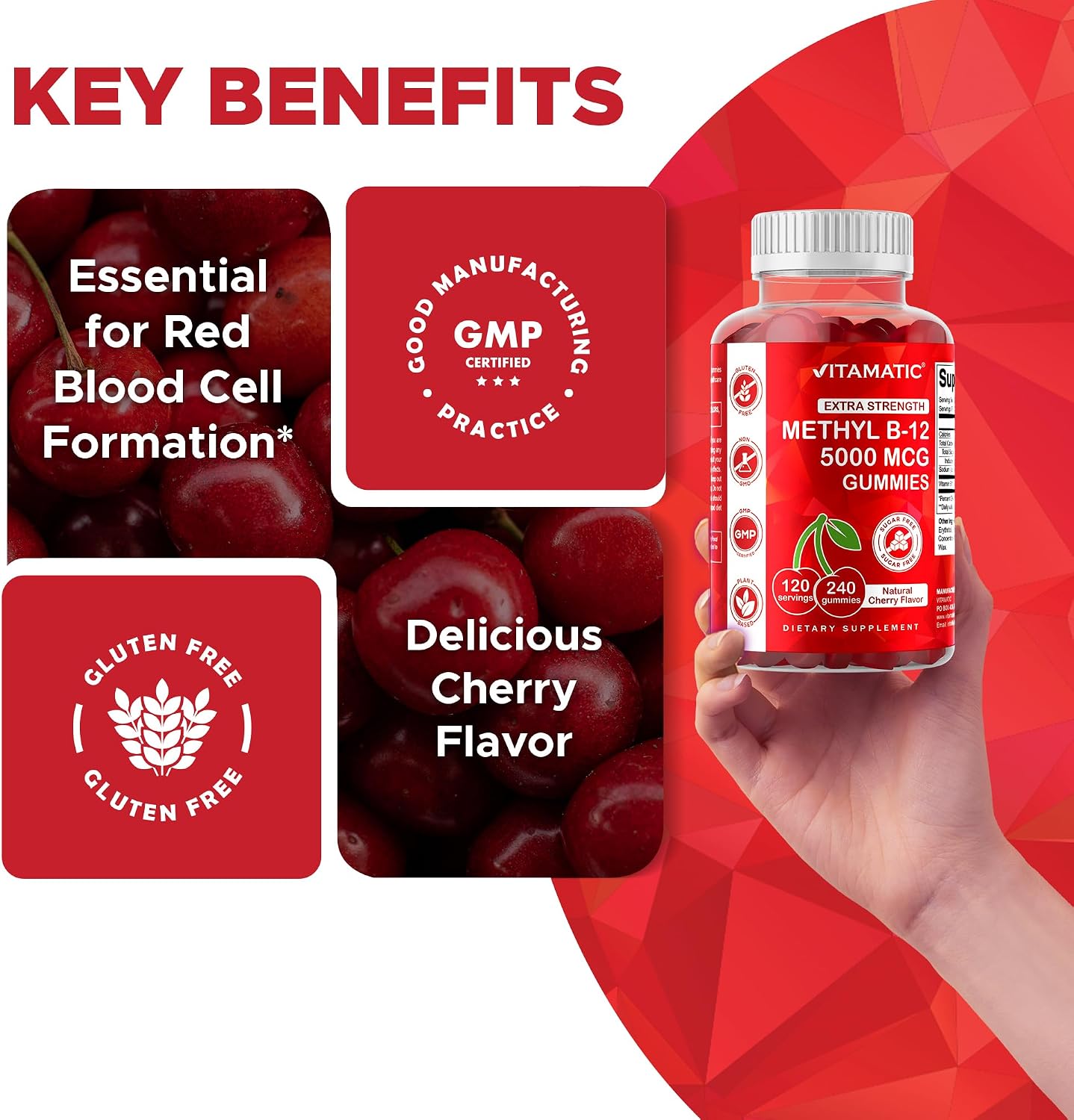 Vitamatic Extra Strength Vitamin B12 5000 mcg (Methyl B12) Gummies - 240 Count, Natural Cherry Flavoured - görsel 6