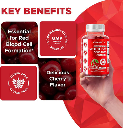 Vitamatic Extra Strength Vitamin B12 5000 mcg (Methyl B12) Gummies - 240 Count, Natural Cherry Flavoured