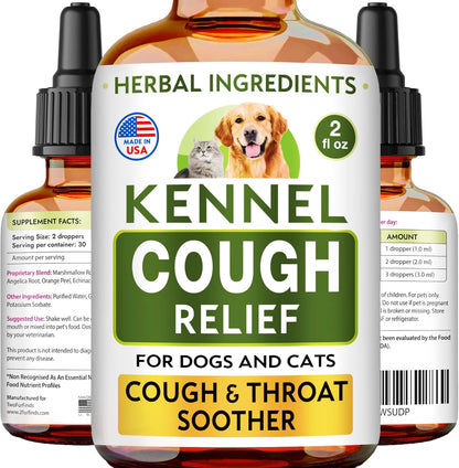 Kennel Cough Treatment for Dogs & Cats - Collapsed Trachea & Cat Asthma Support - Dog Cough Suppressant - Liquid Throat Soother - Dry, Wet & Barky Pet Cough Relief for All Breeds - Made in the USA - 2 Oz (approx. 59 ml)