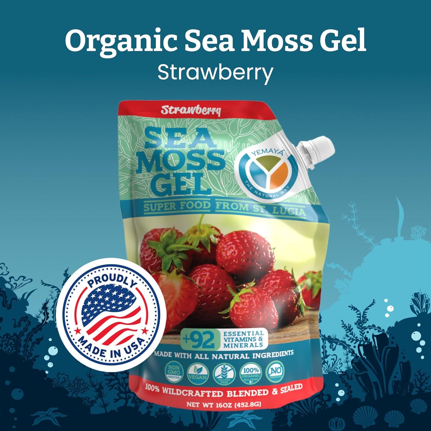 Yemayá Organic Sea Moss Gel - Wildcrafted Raw Seamoss with Real Fruit, 454 g (Strawberry) - görsel 2
