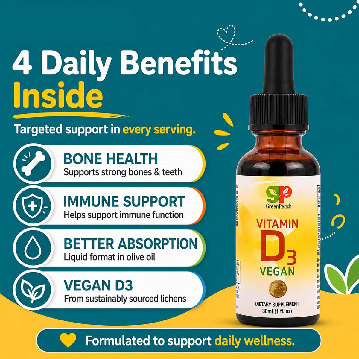 GreenPeach Liquid Vegan Organic Vitamin D 400 to 2000 IU - D3 Drops for Toddlers, Kids, Babies & Infants, Natural, 60 Servings - görsel 3