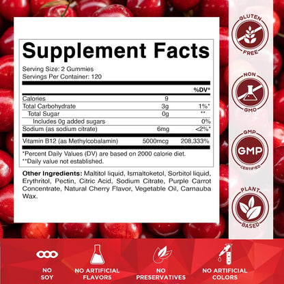 Vitamatic Extra Strength Vitamin B12 5000 mcg (Methyl B12) Gummies - 240 Count, Natural Cherry Flavoured