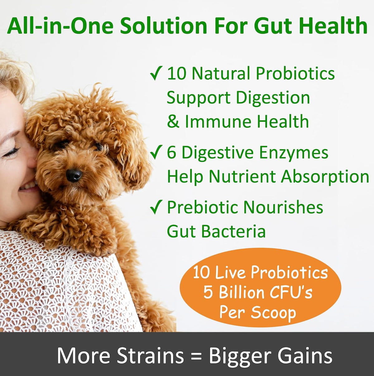 TummyWorks Probiotics for Dogs and Cats. 160 Scoops Probiotic Powder for Digestive Health, Gut, Immunity, Energy, Skin & Coat. 10 Strains, 5 Billion CFUs with 6 Enzymes & Prebiotics. Made in USA. - görsel 2