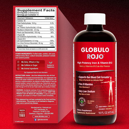 Globulo Rojo Iron Supplement - Liquid High Potency Iron with B12 - Vegan - 473 ml
