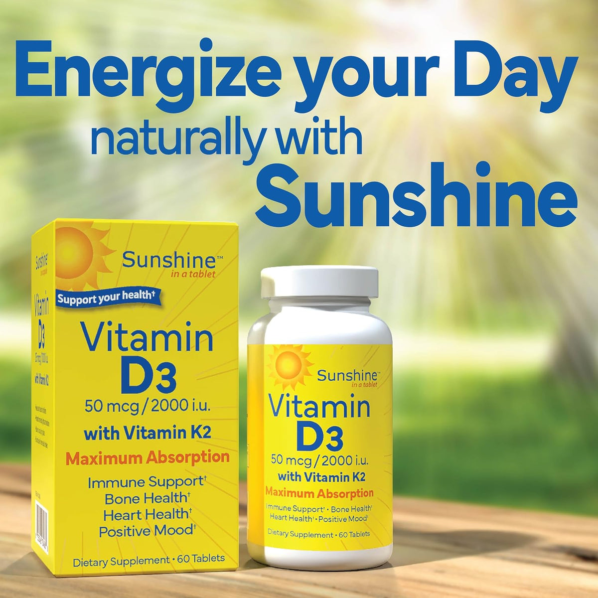 Sunshine Vitamin D3 with K2, 2000 IU D3 + 100 mcg K2, 60 Tablets - görsel 5