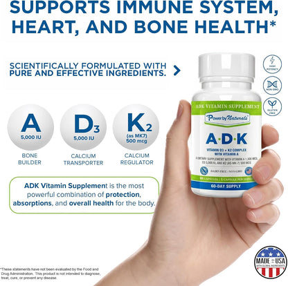 Power By Naturals ADK Vitamin Supplement – Vitamins A, D3 & K2 MK-7 for Bone Health & Calcium Absorption – 120 Capsules (Pack of 2)