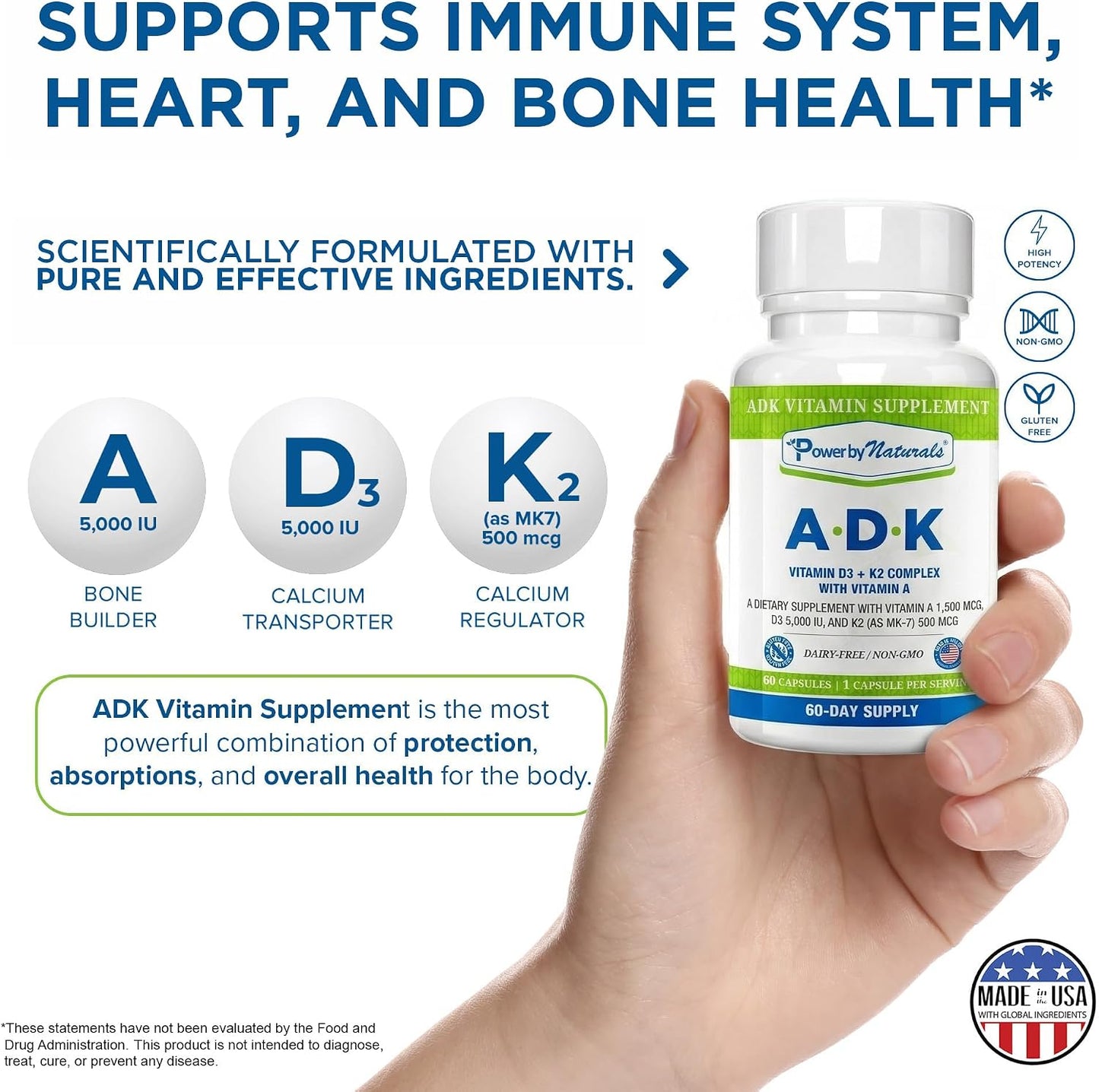 Power By Naturals ADK Vitamin Supplement - Vitamins A, D3, K2 MK-7 - 60 Capsules - görsel 8