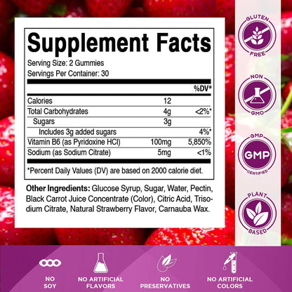 Vitamatic Vitamin B6 100mg Gummies – Natural Strawberry Flavour – 2 Pack (60 Gummies per Bottle)