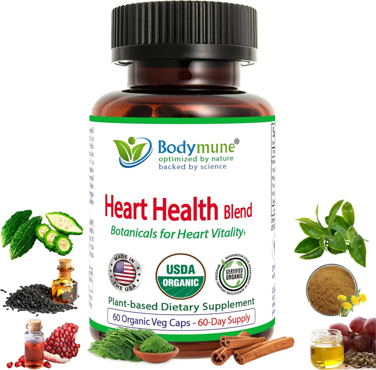 Bodymune Heart Health Blend – Organic Cardiovascular & Circulation Supplement with Green Tea, Pomegranate & Black Seed Oil – 60 Capsules - görsel 1