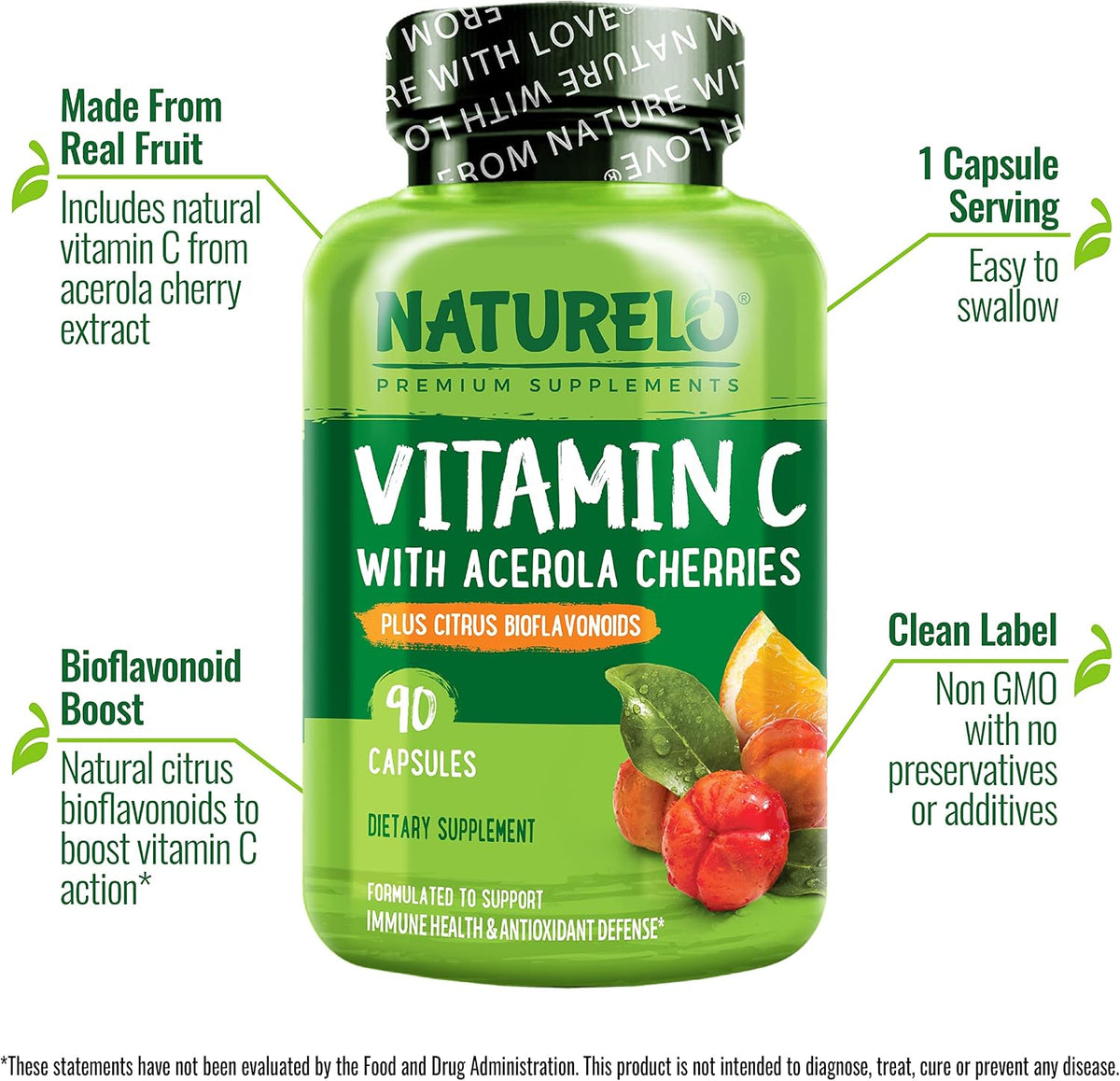 NATURELO Vitamin C with Organic Acerola Cherry and Citrus Bioflavonoids - 500 mg - 180 Vegan Capsules - görsel 4