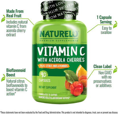 NATURELO Vitamin C with Organic Acerola Cherry Extract and Citrus Bioflavonoids - Vegan Supplement - Immune Support - 500 mg per Capsule - Non-GMO - 180 Capsules