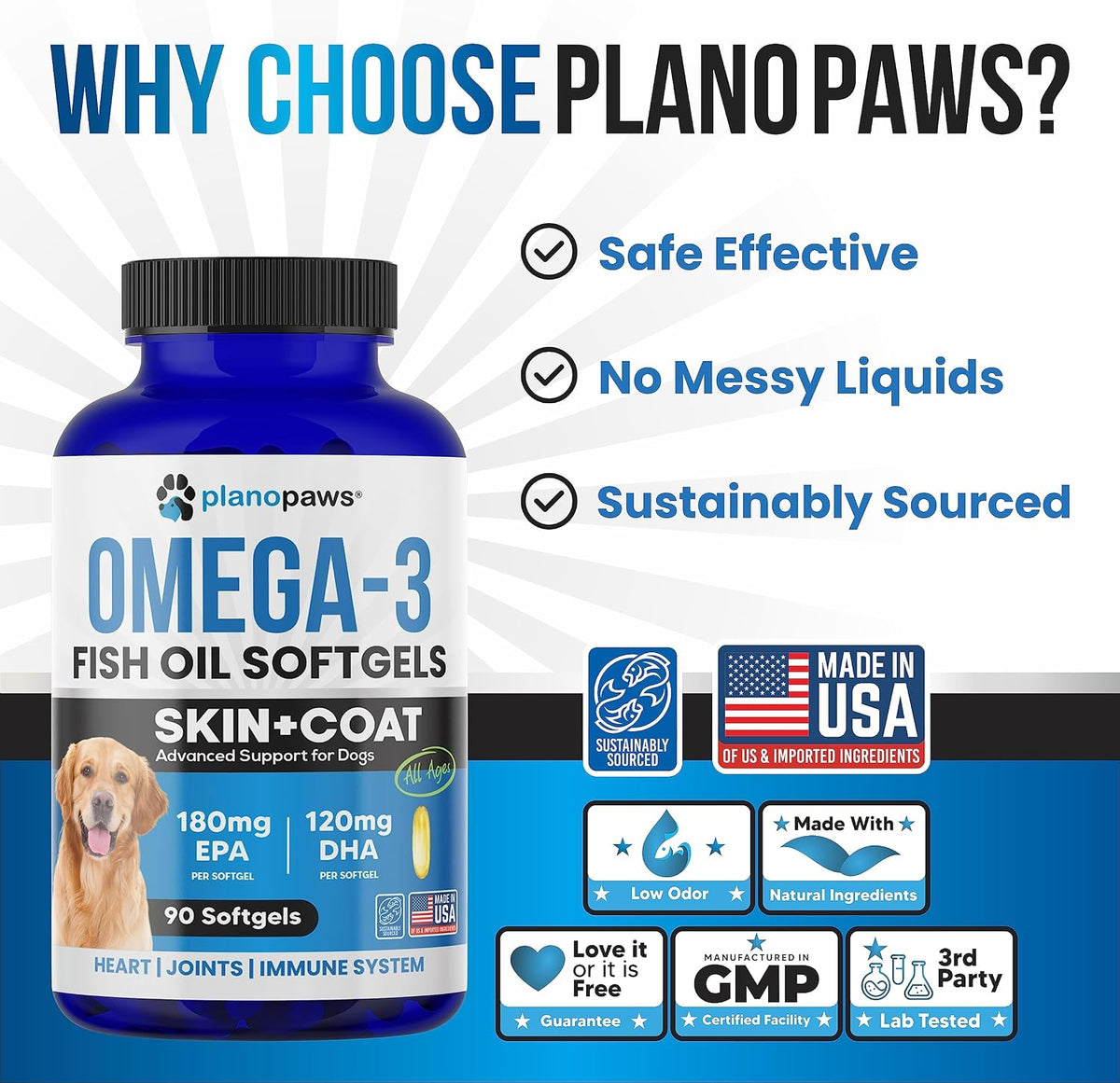 Planopaws Omega-3 Fish Oil for Dogs – Salmon Oil Soft gel capsules with EPA & DHA for Skin, Coat and Joint Support (90 Soft gel capsules) - görsel 4