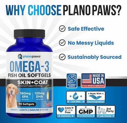 Planopaws Omega-3 Fish Oil for Dogs – Salmon Oil Soft gel capsules with EPA & DHA for Skin, Coat and Joint Support (90 Soft gel capsules)