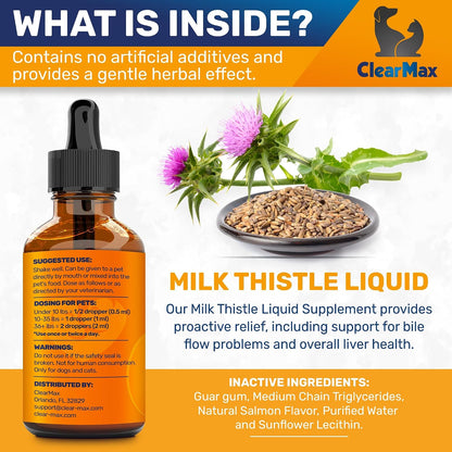 Milk Thistle for Dogs – Liver & Kidney Support for Large & Small Pets – Milk Thistle for Cats to Care for Digestion – Vet-Approved Liquid Formula with Salmon Flavour – GMO Free – 60 ml Bottle